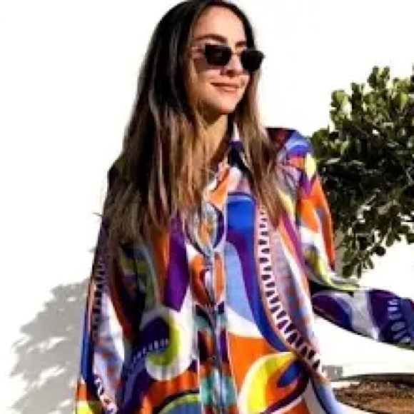 Zara Tops - ZARA, Vibrant Long Sleeve, Multicolored Abstract Geometric Blouse, Size XSmall